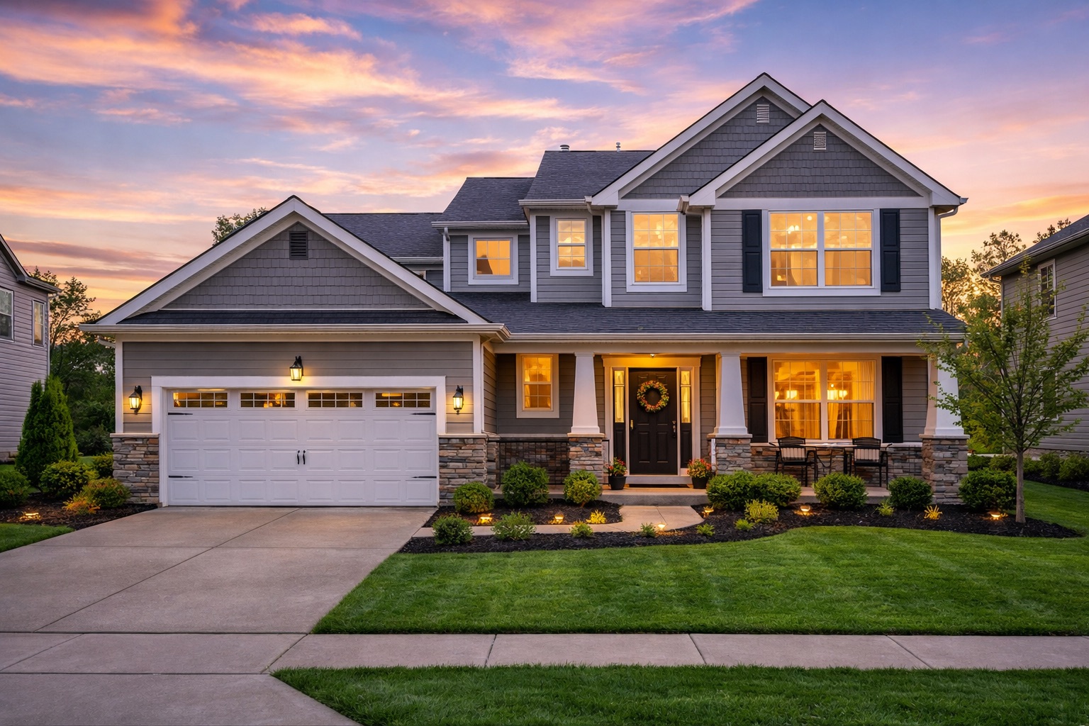 Craftsman-style luxury home at twilight