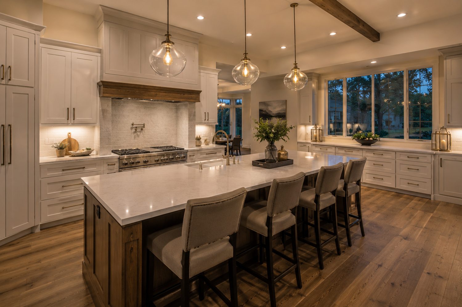 White oak kitchen island in an upscale home at dusk
